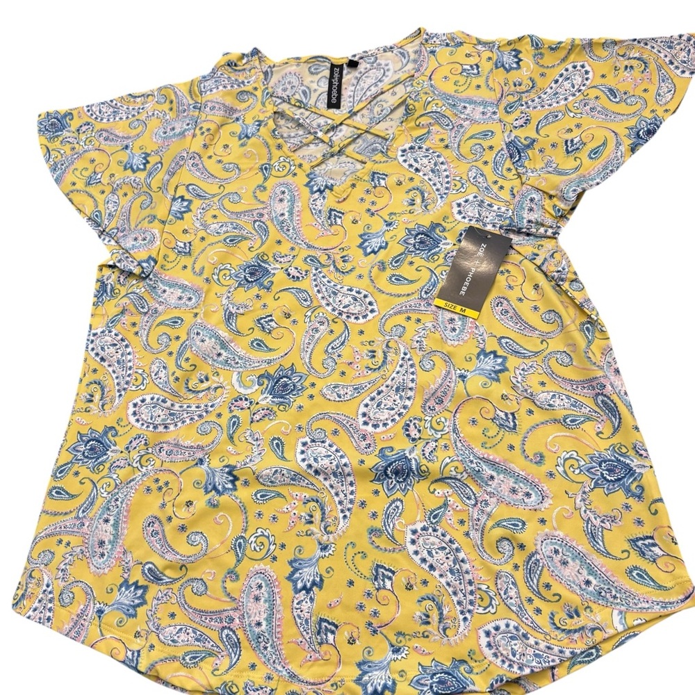 Zoe + Phoebe Yellow Blue Paisley Print Top Short Sleeve Womens Small NEW